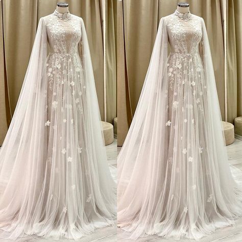 Champagne Wedding Dresses Long Sleeves With Cape Lace Appliques Bridal Gowns | eBay Cape With Wedding Dress, A Line Wedding Dress With Cape, Princess Wedding Dresses With Sleeves Royals Kate Middleton, Wedding Dress With Detachable Cape, High Neck Wedding Dresses With Sleeves, Wedding Dresses With Cloaks, Modest Wedding Dresses High Neck, Wedding Dress Fantasy Elvish, Elven Inspired Wedding Dress