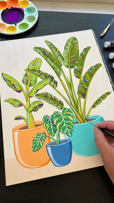 Gouache painting of potted tropical plants including banana tree, giant bird of paradise, and elephant ears alocasia plant Potted Plants Painting Acrylic, Gouache Techniques, Giant Bird Of Paradise, Philip Boelter, Banana Tree, Gouache Art, Abstract Art Painting Diy, Canvas Painting Designs, Painting Art Lesson