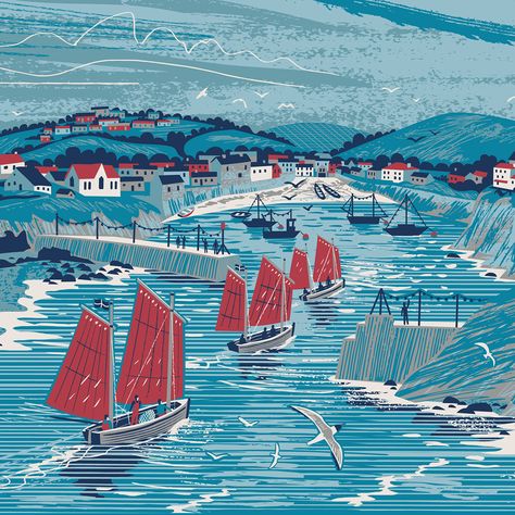 Harbor Illustration, Cornwall Illustration, Fumi Koike, Port Illustration, Seaside Illustration, Sea Texture, Typography Packaging, Boat Illustration, Port Isaac