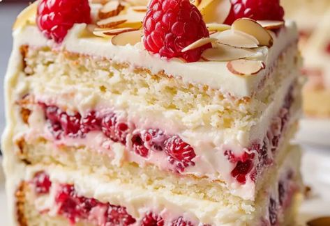 White Chocolate Almond Raspberry Cake White Chocolate Almond Raspberry Cake, Chocolate Almond Raspberry Cake, Almond Raspberry Cake, Raspberry Cake Recipe, White Chocolate Raspberry Cake, Raspberry Cake Recipes, Raspberry And White Chocolate, Divine White, Raspberry Almond