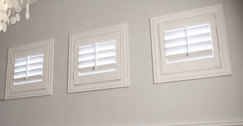 Small Window Shutters, Bedroom Window Coverings, Basement Window Treatments, Small Window Treatments, Window Coverings Bedroom, Farmhouse Window Treatments, Window Shutter, White Shutters, Square Windows