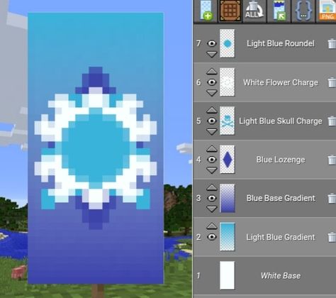 Minecraft Ice Banner Minecraft Ice Banner, Water Banner Minecraft, Minecraft Ice Spikes Base, Minecraft Blue Banner Designs, Ice Spikes Minecraft, Crown Banner Minecraft, Blue Banner Minecraft, Minecraft Ice Builds, Mc Banner Designs