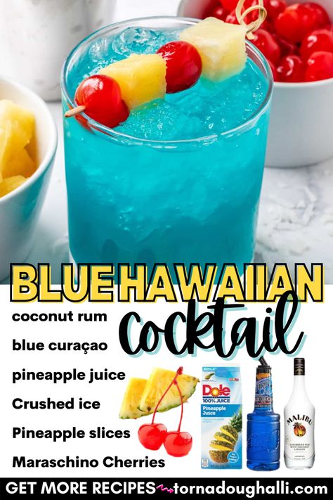 Blue Hawaiian Cocktail, Hawaiian Drinks, Rum Drinks Recipes, Bartender Drinks Recipes, Fun Drinks Alcohol, Bartender Drinks, Alcholic Drinks, Cocktail Drinks Alcoholic, Mixed Drinks Alcohol