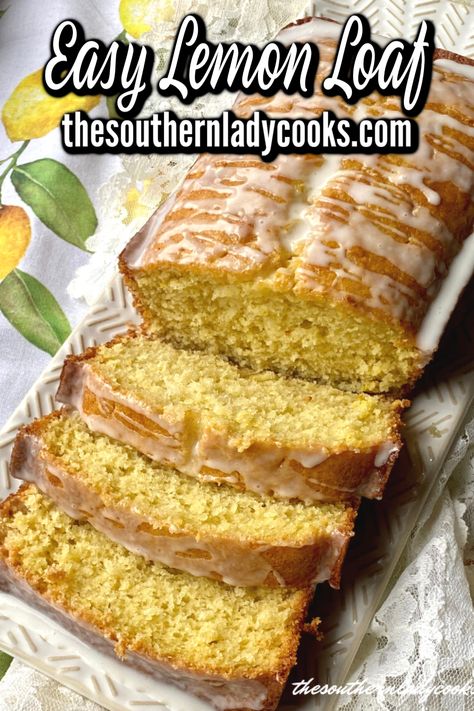 Lemon loaf cake on a serving dish with several slices cut on one end of the cake. Lemon Drizzle Loaf, Lemon Cake Loaf, Easy Loaf Cake Recipes, Easy Lemon Loaf Cake, Easy Lemon Loaf, Easy Loaf Cake, Lemon Loaf Cake Recipe, Buffet Wedding, Lemon Loaf Cake