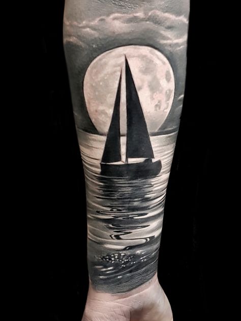 custom realistic black and grey tattoo yacht not boat tattoo So We Beat On Boats Against The Current Tattoo, Yacht Tattoo Design, Ship Silhouette Tattoo, Boat On Water Tattoo, Boat Tattoo Men, Boat Tattoo Design, Sail Boat Tattoo, Yacht Tattoo, Joey Tattoo