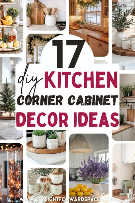 Are you looking for ways to transform that unused kitchen corner cabinet into something stylish? This post shares all the best 17 diy kitchen corner cabinet decor ideas. Also sharing ideas for: kitchen countertop decor, simple decor for home, countertop decor ideas minimalist, top counter kitchen decor, modern organic kitchen counter decor, boho farmhouse kitchen counter decor, kitchen decor apartment, island bench decor, styling island kitchen, modern farmhouse island decor. Lazy Susan Kitchen Decor, Styling Kitchen Countertops Corner, Counter Top Decor Modern, How To Decorate Corner Kitchen Counter, Kitchens Decor Ideas, Cake Stand Kitchen Decor, Decorating Kitchen Countertops Corner, Decorating Kitchen Counters Ideas, Countertop Corner Ideas