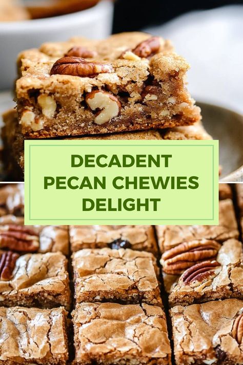 Indulge in these scrumptious Pecan Chewies! This pin features two images showcasing the delicious, buttery chewies filled with pecans, perfect for anyone craving a sweet treat. Say hello to your new favorite easy dessert recipe! Nuts Dessert Recipes, Desserts With Pecans Easy, Dessert Recipes With Pecans, Easy Pecan Dessert Recipes, Seasoned Pecans Recipe, Recipes For Pecans, Recipes Using Pecans, Desserts With Pecans, Easy Pecan Desserts