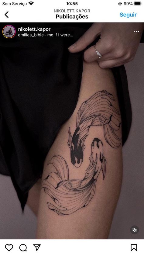 Ying Yang Koi Fish Tattoo, Ying Yang Koi Fish, Small Feather Tattoo, Shoulder And Arm Tattoo, Flower Shoulder Tattoo, Amazing 3d Tattoos, Coy Fish, Tattoo Thigh, Single Line Tattoo