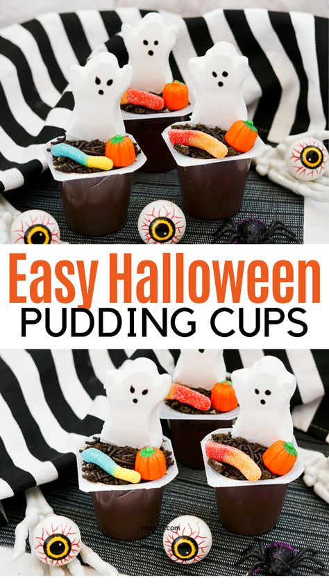 If you’re looking for a quick Halloween treat for kids, these Halloween Pudding Cups are just the recipe for you. These pudding cups are so simple and the kids enjoy making the recipe themselves. These individual cups are filled with cookie-crumb dirt on top of the pudding. Each of them is topped with a marshmallow ghost and candy pumpkin. They are a fun after-school recipe or a kid-friendly snack at your Halloween party. Pudding Cups Halloween, Halloween Snack For Kids, Halloween Pudding Cups, Halloween Dirt Cups, Halloween Pudding, Quick Halloween Treats, Chocolate Pudding Cups, Halloween Jello, Reindeer Drawing