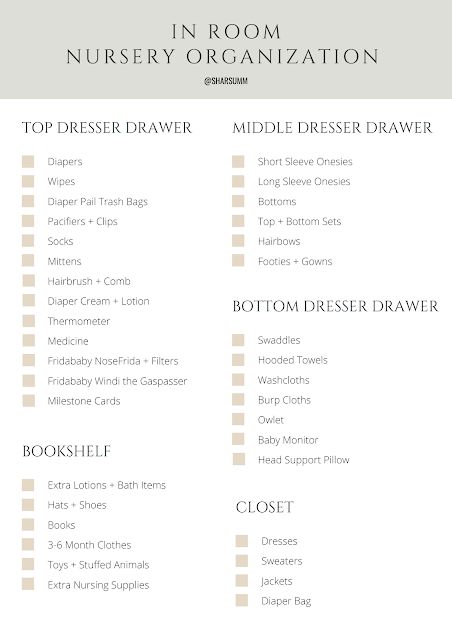 Simple Nursery Room Ideas, Nursery Ideas With Carpet, Nursery Room Hacks, Nursery Labels Organization Ideas, Nursery Dresser Drawer Organization, Nursery Setup Layout, Newborn Drawer Organization, Nursery Dresser Organization 3 Drawers, Nursery Shelf Organization