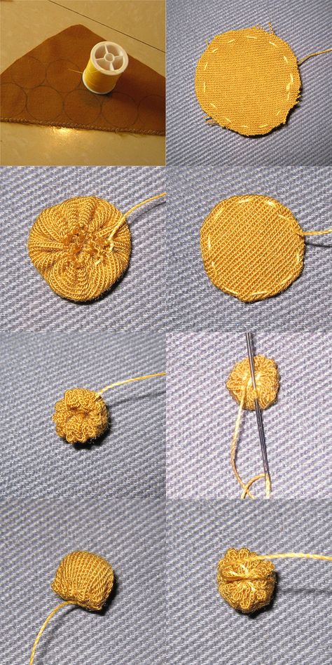 Fabric buttons | 1. Trace circles 2. Running stitch around e… | Flickr Diy Cloth Buttons, Cloth Buttons, Sca Garb, Fabric Buttons, Diy Buttons, Medieval Clothing, Fabric Beads, Running Stitch, Button Crafts