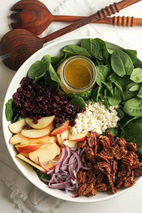 Spinach Salad With Apples And Pecans, Thanksgiving Salad Half Baked Harvest, Spinach Apple Feta Salad, Apple Salad For Thanksgiving, Cranberry Pecan Salad With Feta Cheese, Cranberry Pecan Spinach Salad, Apple And Spinach Salad, Cranberry Apple Pecan Salad, Crisp Apple Pecan Salad