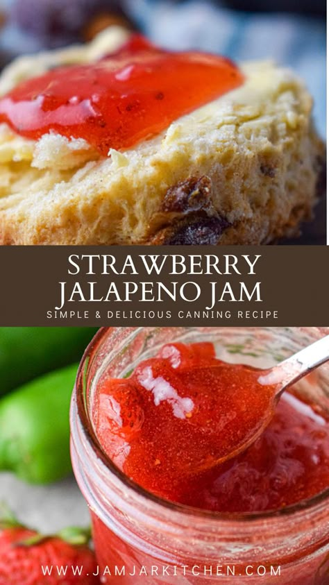 Jalapeño strawberry jam Strawberry Jalapeno Jelly Recipe, Strawberry Jalapeno Jam Recipe, Jelly Without Pectin, Jalapeno Jam Recipe, Fruit Jelly Recipe, Strawberry Jalapeno Jam, Jalapeno Jelly Recipes, Pepper Jam, Canning Jam Recipes