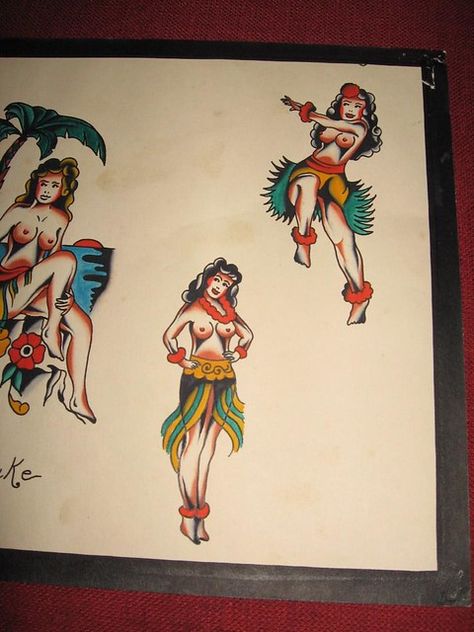 Traditional Tattoo Face, Hula Girl Tattoos, Sailor Jerry Tattoo, Sailor Jerry Flash, Sailor Jerry Tattoo Flash, Jerry Tattoo, Vintage Tattoo Art, Sailor Tattoos, Pin Up Girl Tattoo