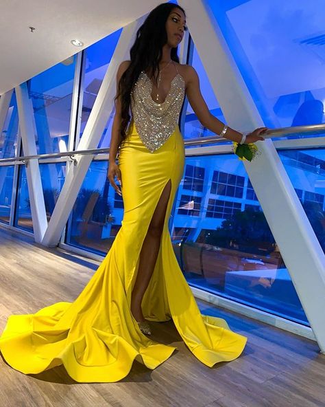 Yellow Fitted Prom Dresses, Luxury Yellow Gown For Prom, Yellow Fitted Evening Dress For Prom, Bright Yellow Prom Dresses Long, Yellow Satin Prom Dress, Yellow Valdrin Sahiti Dresses, Side Split Prom Dress, African Evening Dresses, Cheap Evening Gowns