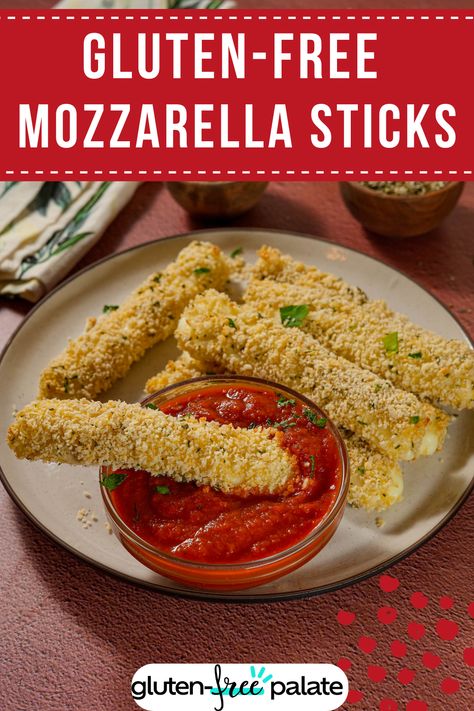 These gluten-free mozzarella sticks are a crowd-pleasing appetizer with a super crispy golden outer crust with gooey melt-in-your-mouth cheese. Perfect for game day or any occasion that requires a simple appetizer or snack that's quick and easy to make. No one can resist melted cheese! #glutenfreemozzarellasticks #mozzarellasticks #glutenfreeappetizers #appetizers #glutenfreepalate Motzerella Sticks, Gluten Free Mozzarella Sticks, Gf Appetizers, Gluten Free Recipes Appetizers, Mozzarella Sticks Recipe, Veggie Fritters, Gluten Free Panko, Simple Appetizer, Gluten Free Sides