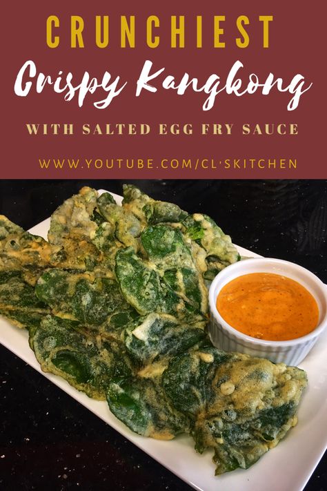 The crunchiest crispy kangkong recipe ever is here. You can add some flavorings and dip it in a salted egg fry sauce. Crispy Kangkong Recipe, Kangkong Chips, Kangkong Recipe, Filipino Dinner Recipes, Filipino Vegetable Recipes, Filipino Dinner, Fry Sauce Recipe, Egg Fry, Lutong Pinoy