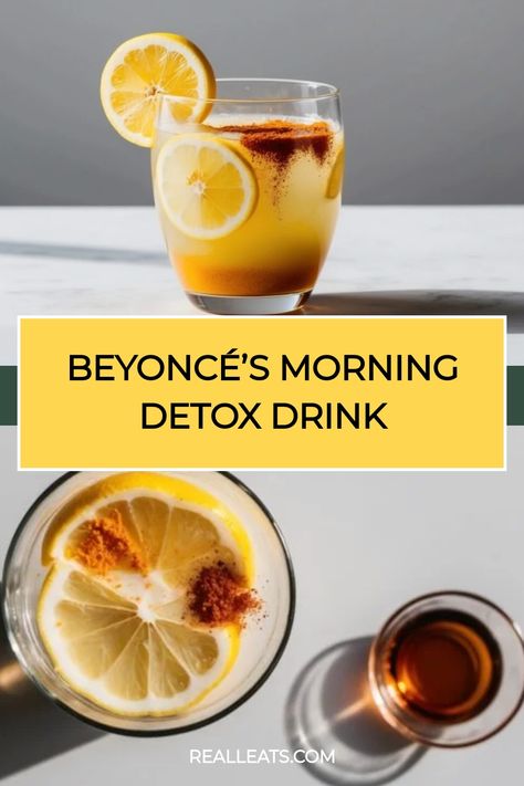 Lemon detox drink with spices and lemon slices, labeled "Beyoncé's Morning Detox Drink". Morning Digestive Drink, Lemon Morning Drink, Ginger Cayenne Lemon Drink, Ginger Detox Drink Fat Burning, Detox Morning Drink, Healthy Morning Drinks, Winter Detox, Morning Detox Drink, Detoxifying Drinks