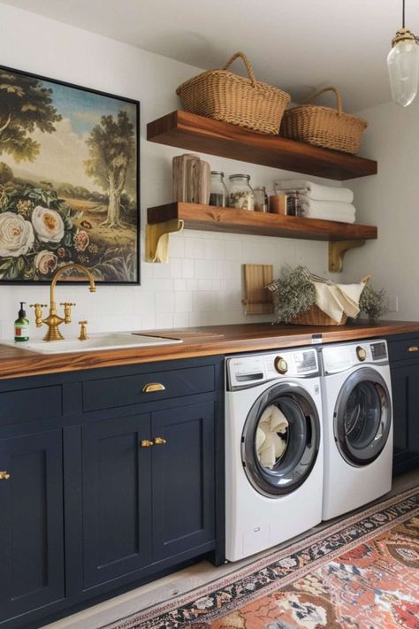 Navy Laundry Room, Laundry Room Farmhouse, Floating Bench, Farmhouse Laundry Room Ideas, Modern Farmhouse Laundry Room, Leather Macrame, Slat Walls, Ikea Duktig, Laundry Room/mud Room