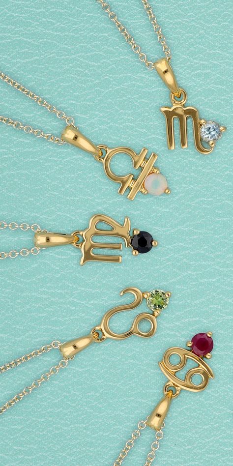 Zodiac gemstone 9ct yellow gold pendant charm necklaces Zodiac Jewellery, Jewelry Packaging Design, Jewelry Product Shots, Aesthetic Earrings, Astrology Jewelry, Astrology Necklace, Zodiac Pendant Necklace, Necklace Packaging, Beautiful Gemstones