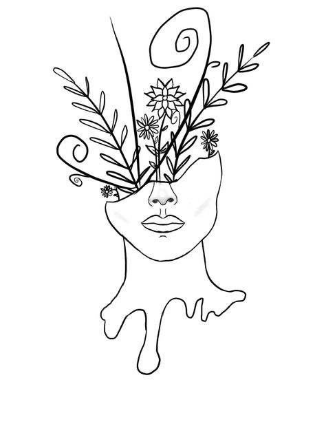 Plant Head Painting, Human Flourishing Drawing Ideas, Plant Growing Out Of Head Drawing, Head With Flowers Coming Out Tattoo, Plants Coming Out Of Head Drawing, Plant Head Drawing, Women With Flowers Drawing, Flowers Coming Out Of Head Painting, Flowers Growing Out Of Head Drawing