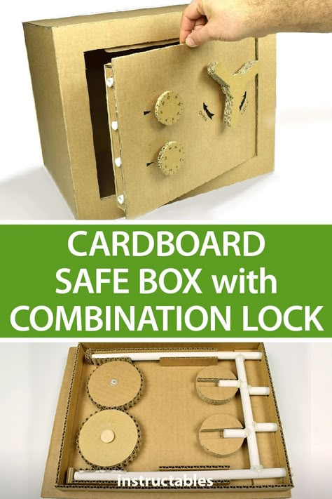 Make a safe with a combination lock out of just cardboard and some PVC pipes! #upcycle #reuse #hiding #secret #safety #security Escape Box, Escape Room Diy, Escape Room Puzzles, Pvc Pipe Projects, Lock Out, Cardboard Box Crafts, Cardboard Toys, Pvc Pipes, Safe Box