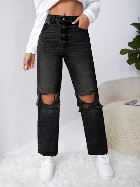 Ripped Raw Cut Straight Leg Jeans Cute Jeans For School, Cute Black Jeans, Black Jeans Ripped, Black Ripped Jeans Outfit, Black Jeans For Women, Boyfriend Jeans Black, Wishlist Board, Stage Crew, Ripped Knee Jeans