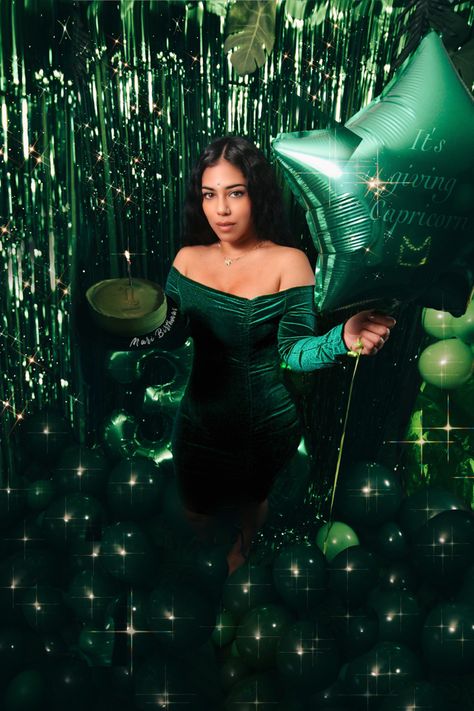 Green Birthday Outfit Women, Green Bday Photoshoot, Green Theme Birthday Photoshoot, Emerald Green Photoshoot Birthday, Green Themed Photoshoot, 21st Birthday Ideas Emerald Green, Green Birthday Photoshoot Ideas, Emerald Green Photoshoot, Green Theme Photoshoot