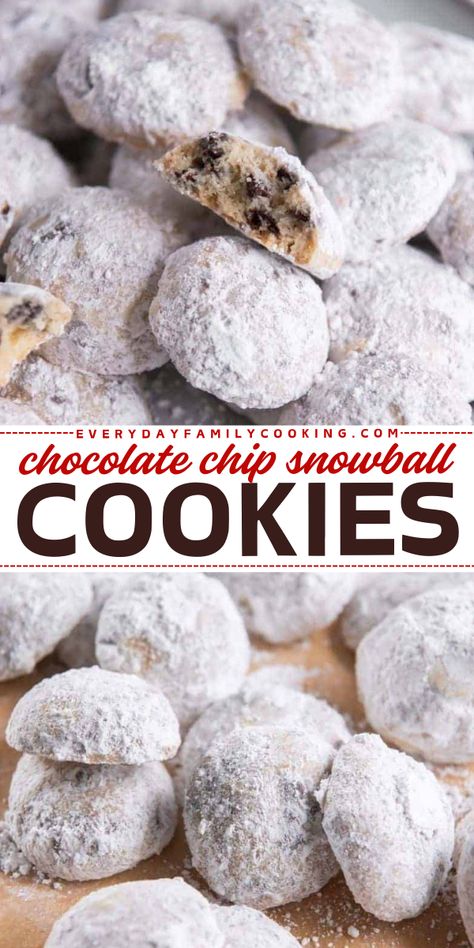 Want more easy Christmas cookies? Here's a Christmas dessert idea featuring snowballs! This holiday baking recipe will become a staple in your house. With a crumbly texture and a dusting of powdered sugar, these Chocolate Chip Snowball Cookies are delicious and satisfying! 3 Ingredient Christmas Desserts, Dirty Snowball Recipe, Snowball Cookies Recipe Christmas, Chocolate Chip Snowball Cookies Recipe, Chocolate Chip Snowball Cookies, Snowball Christmas Cookies, Easy Christmas Cookies, Desserts With Few Ingredients, Snowball Cookie Recipe