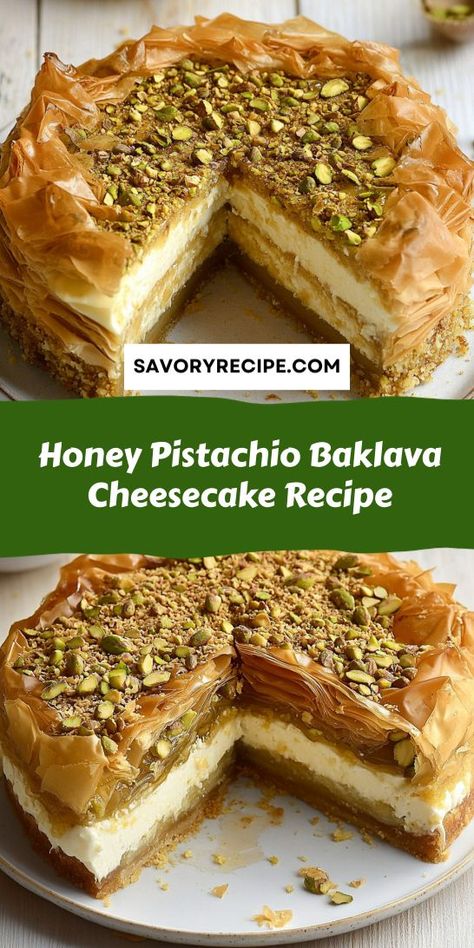 Treat yourself to a slice of heaven with this Honey Pistachio Baklava Cheesecake Recipe. The perfect blend of creamy cheesecake and nutty baklava, all drizzled with honey, makes this dessert a must-try. Ideal for special occasions or a sweet treat at home, it’s a dessert lover's dream come true! Baklava Cheesecake Recipe, Pistachio Cheesecake Recipe, Honey Baklava, Honey Pistachio, Baklava Dessert, Pistachio Cheesecake, Baklava Cheesecake, Pistachio Baklava, Rich Cheesecake