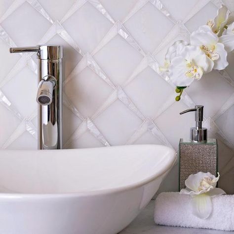 Sample Tile Club's Mother of Pearl Mosaic Tiles in safety of 90-Day Return. We stock pearl shell mosaic bathroom designs to mother of pearl mosaic backsplash patterns. Blue Mosaic Tile, Shell Tiles, Pearl Tile, Mosaic Tile Backsplash, Floor Kitchen, White Backsplash, Mosaic Pieces, Marble Mosaic Tiles, Accent Tile