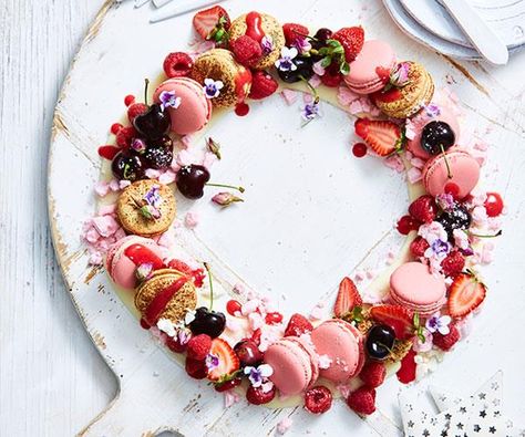 The perfect centrepiece for your dessert table this Christmas - a ring of white chocolate covered in macarons and berries. Mini Meringues, White Chocolate Covered, Ice Cream Cakes, Pork Salad, Christmas Ham, Cherry Cookies, Australian Christmas, Eton Mess, Cream Cakes