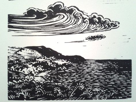 Lino Print Clouds, Linocut Clouds, Mead Label, Linocut Landscape, Sea Shanties, Woodcut Art, Relief Printmaking, Cloud Illustration, Lino Printing