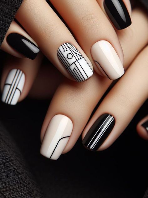 A minimalist black and white nail design with clean lines and geometric shapes, for a sleek and modern appearance. Mid Century Modern Nail Art, Black Lines Nails, White Spring Nails, Black And White Nail Design, White Nail Design, Black And White Nail, Black And White Nail Designs, Manicured Nails, Modern Nail Art