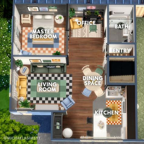 Cozy Colorful Apartment 💛 A small studio apartment with a colorful palette furnished mostly with the new Cozy Kitsch kit! The color scheme has pops of yellow, green, blue, and orange combined with both dark and light wood. No CC and Maxis Match the sims 4 floor plan || the sims 4 apartment || the sims 4 apartment ideas || sims 4 apartments || sims 4 apartment plans #EAPartner #thesims4 #simshouse #simsbuild #showusyourbuilds #sims4maxismatch #sims4housebuild #simshome #dreamhouse #sims Sims 4 Pinecrest Apartments 404, Sims 4 Color Palette, Sims 4 Small Apartment, Sims 4 Appartement Plan, The Sims 4 Apartment Ideas, Cozy Colorful Apartment, Sims 4 Luxury Apartment, Sims 4 Apartment Layout City Living, Sims 4 Apartment Layout