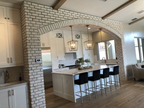 Brick Opening To Kitchen, Little Home Design, Arch Opening, Beige House, Brick Wall Paneling, Renovation Architecture, Brick Arch, Open Wall, Bathroom Remodel Designs