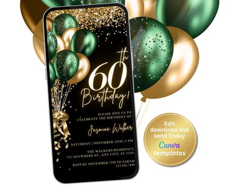 Emerald Green and Gold 60th Birthday Party Invite | Digital Phone Text Message Evite | Editable Template, Instant Download 60th Birthday Color Scheme, 60th Birthday Ideas For Mom Party, 60th Birthday Ideas For Mom, Phone Text Message, 60th Birthday Party Invitations, Emerald Green And Gold, Digital Phone, Mom Party, Gold Color Scheme