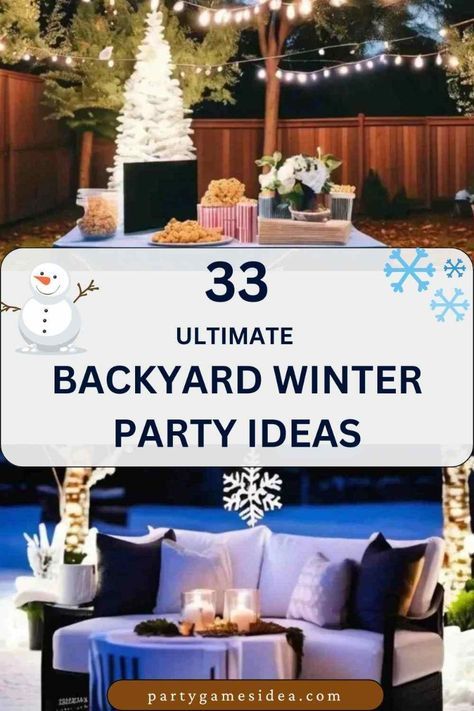 Transform your backyard into a winter wonderland with these cozy party ideas! From festive fire pits and twinkling lights to hot cocoa bars and winter-themed games, you can create a magical atmosphere for friends and family. Consider adding warm blankets, outdoor heaters, and delicious seasonal treats to keep everyone comfortable and entertained. Embrace the beauty of the season and make lasting memories under the stars!  #WinterParty #BackyardIdeas #CozyGatherings #FirePitFun #HotCocoa #OutdoorCelebration #WinterWonderland #FestiveDecor #SeasonalFun #HolidayCheer Winter Neighborhood Party Ideas, Backyard Holiday Party, Backyard Winter Party, Winter Outdoor Party Backyards, Outdoor Winter Birthday Party Ideas, Outdoor Winter Party Ideas, Outdoor Christmas Party Ideas, Backyard Christmas Party, Outdoor Winter Party