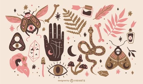 Modern Witch Elements Set Vector Download Dark Magic Art, Witch Elements, Witch Spirituality, Western Gifts, Mehndi Patterns, Fantasy Props, Modern Witch, Abstract Portrait, Black Back