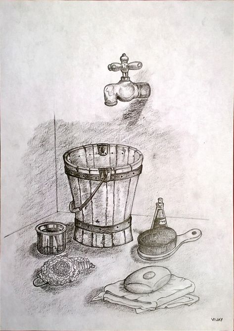 Antique wooden water bucket with its valuable neighbours ! depicted as a Drawing composition. Bucket Drawing, Drawing Composition, Independence Day Drawing, Wooden Bucket, Cute Snake, Object Drawing, Wooden Texture, Bathroom Tub, Bathroom Items