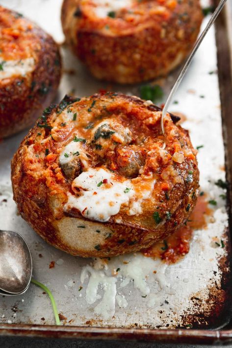 Bread Bowl Soup, Bread Bowl Recipe, Meatball Soup Recipes, Fresh Bread Crumbs, Parmesan Meatballs, Bread Soup, Oh Sweet Basil, Meatball Soup, Meatball Ingredients