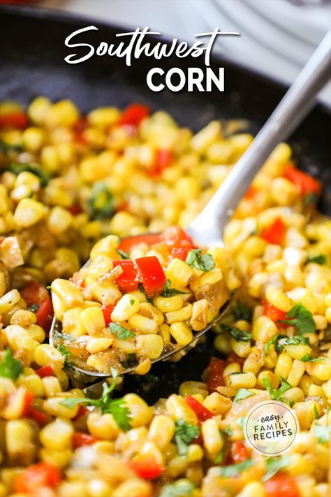 This Southwest Corn recipe is super simple for a side dish that’s easy to make and family friendly too! Made with canned, fresh, or frozen corn along with red bell pepper, onion, diced green chiles and seasoning for a full-of-flavor side dish that’s perfect with Tex-Mex, Southwest, or Mexican entrees. We love this Southwest-style corn recipe and make it all the time. Southwest Corn Recipe, Corn Sides, Southwest Corn, Canned Corn Recipes, Dinner With Rice, Taco Side Dishes, Asian Steak Bites, Healthy Corn, Mexican Entrees