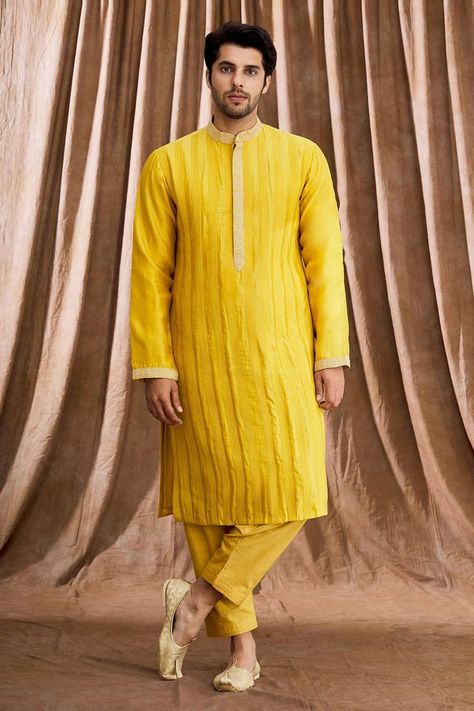 Buy #mustard #yellow #embroidered #kurta with pintucks and dori work detail. Paired with solid pant by #RAR at #AzaFashions Shop online now at #Azafashions.com Call +91 8291990059 or email contactus@azafashions.com for enquiries. #wedding #festive #ethnic #tradional #shopping #shoponline #party #reception #groom #groomwear #men #menswear Stylish Boy Clothes, Dori Work, Stylish Boy, Party Reception, Groom Wear, Stylish Boys, Kurta With Pants, Boy Clothes, Pant Set