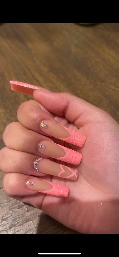 Sugar Glitter Nails, Fancy Pink Nails, Pink Glitter French Tip Nails, Pink Rhinestone Nails, Pageant Nails, Pink Glittery Nails, Pink Nail Inspiration, Nail Inspo Pink, Sweet 16 Nails