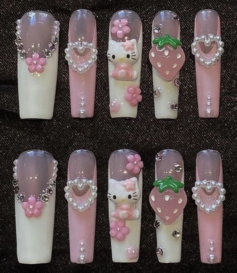 Paznokcie Hello Kitty, Fake Nails Designs, Hello Kitty Accessories, Girly Acrylic Nails, Cute Acrylic Nail Designs, Hello Kitty Nails, Pretty Gel Nails, Really Cute Nails, Soft Nails