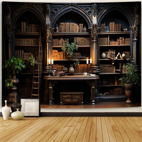 PRICES MAY VARY. Elegant Design: The intricate design features a vintage bookshelf scene, complete with gothic and medieval elements that evoke the charm of an old library. High-Quality Material: Made from 100% polyester, this tapestry is soft, durable, and lightweight, making it easy to hang and maintain. Versatile Decor: Ideal for use as wall art in your student book office, bedroom, or college dorm. It also serves as a unique backdrop for Halloween and other themed events. Three Sizes Availab Murphy Book Shelf Door, Old World Vintage Decor, Wall Book Shelves Living Room, Agriculture Decor, Gothic Home Office, Spooky Bookshelf, Gothic Bookshelf, Vintage Gothic Home Decor, Gothic Bookshelves