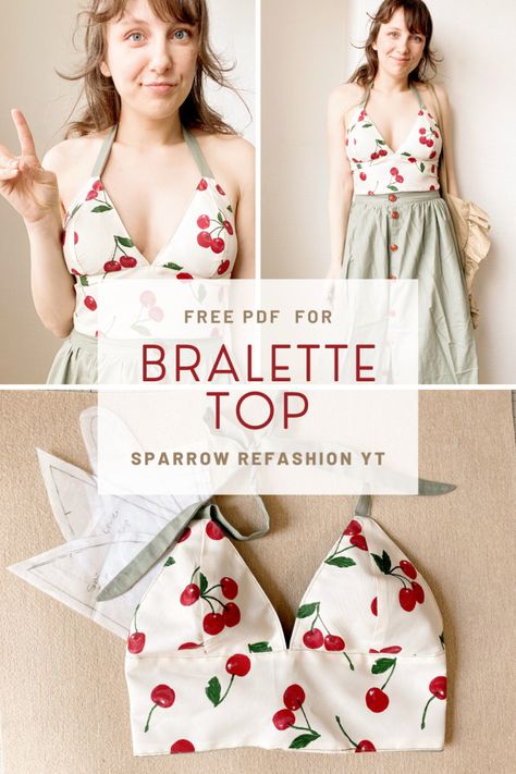 Sewing Bralette, Bralette Sewing Pattern, Sparrow Refashion, Dress Making Tutorial, Bustier Pattern, Dress Sewing Patterns Free, Bralette Pattern, Sewing Projects Clothes, Free Pdf Sewing Patterns