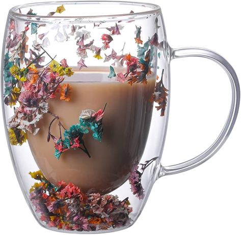 Amazon.com | NBHUZEHUA Double Wall Glass Coffee Mugs Clear Cups for Cappuccino Tea Espresso Latte Hot Beverages Glasses Birthday Gifts for Women Her: Espresso Cups Coffee Decanters, Cafe Cup, Clear Cups, Hand Painted Mugs, Double Wall Glass, Glass Coffee Cups, Glitter Flowers, Double Glass, Glass Coffee Mugs