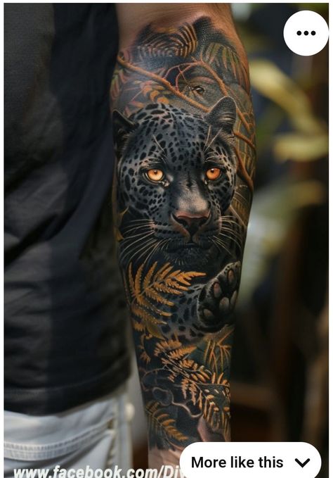 Jungle Tattoo, Black Panther Tattoo, Africa Tattoos, Jaguar Tattoo, Animal Sleeve Tattoo, Leopard Tattoos, African Tattoo, Panther Tattoo, Half Sleeve Tattoos For Guys