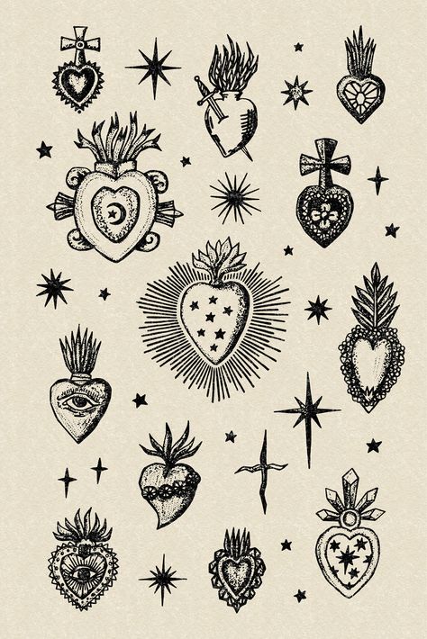 Frida Kahlo Heart Tattoo, Sacred Heart Flash Tattoo, Over The Heart Tattoo, Vintage Heart Illustration, Scared Heart Tattoo Traditional, Tiny Sacred Heart Tattoo, Boho Heart Tattoo, Sacred Heart Hand Tattoo, Small Sacred Heart Tattoo